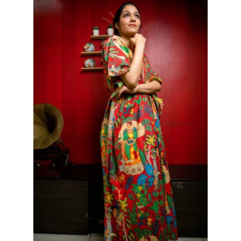 Frida Kahlo Print Kaftan Maxi Dress One Size Red Cotton Resort Caftan Cover Up - Picture 16 of 16